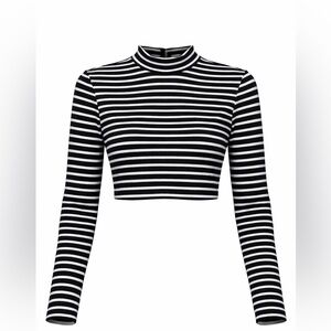 Striped Long-Sleeve Crop Top - Black & White